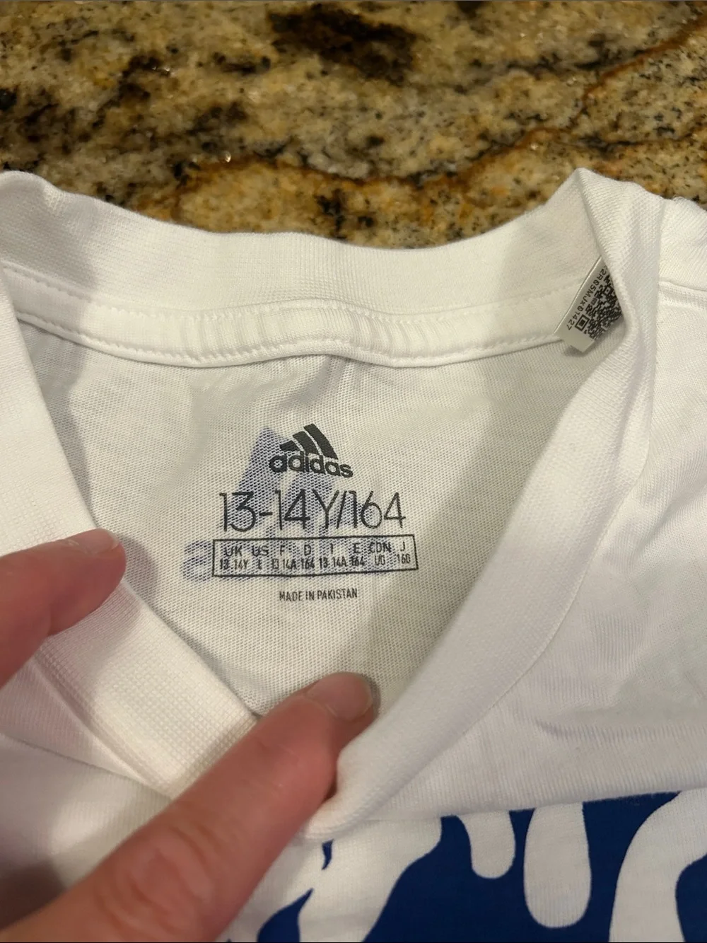 adidas White Short Sleeve Tee with Blue Flame Logo